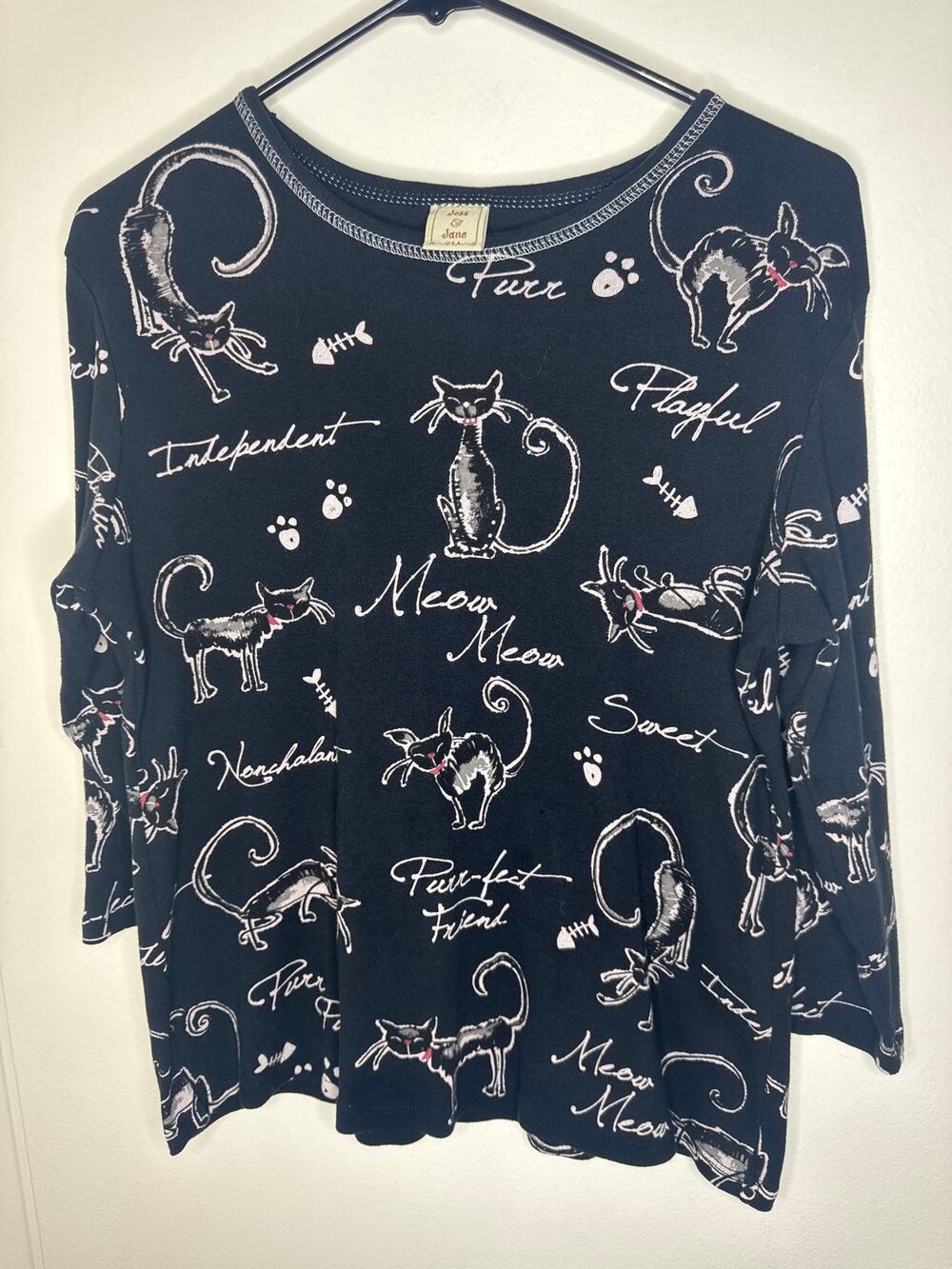 Jess & Jane Black Rhinestone Cat Shirt Graphic Top 3/4 Sleeve Size M Whimsical